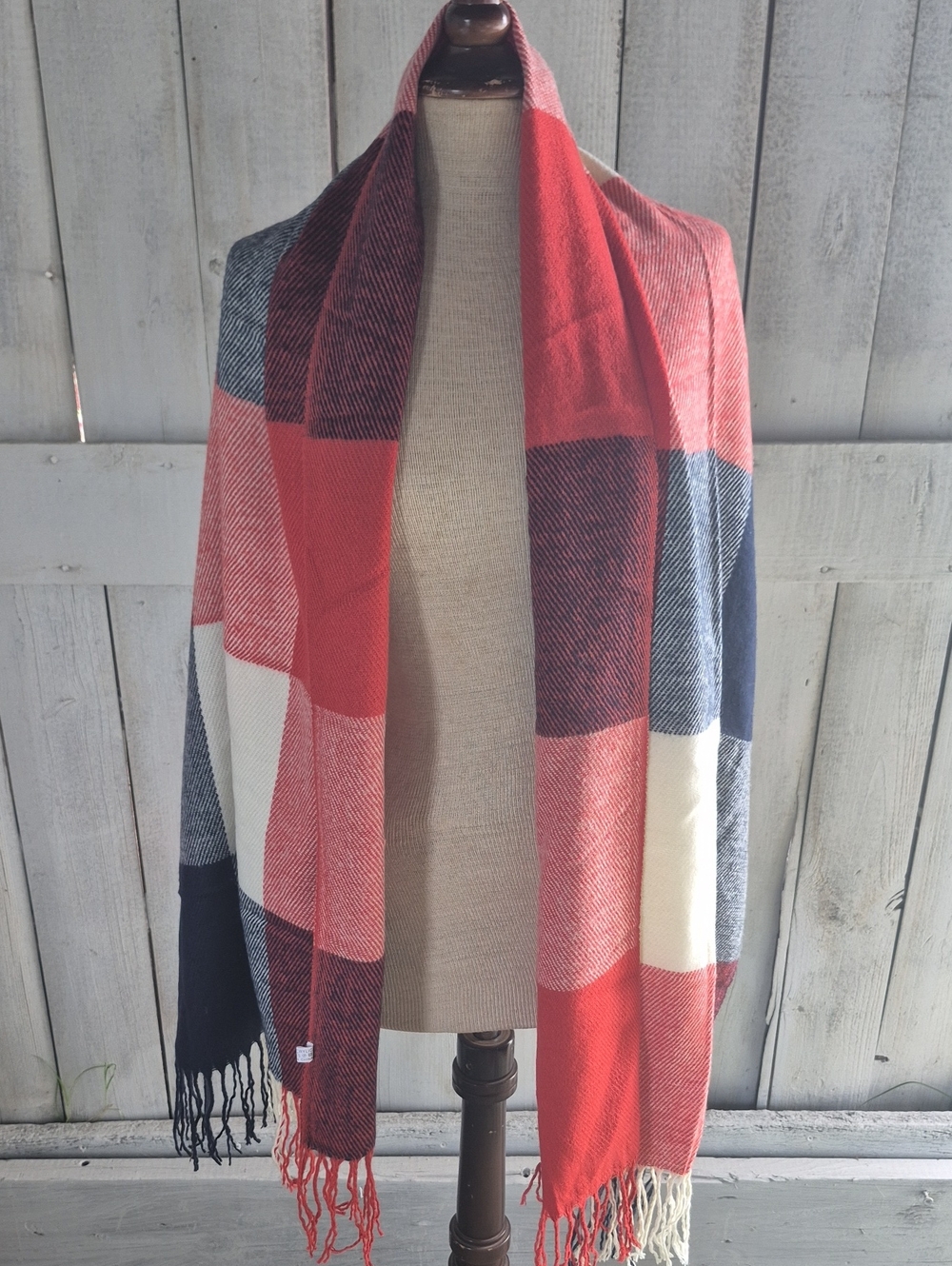 Colorblock Fringe Wrap Scarf - Red, Navy & Cream